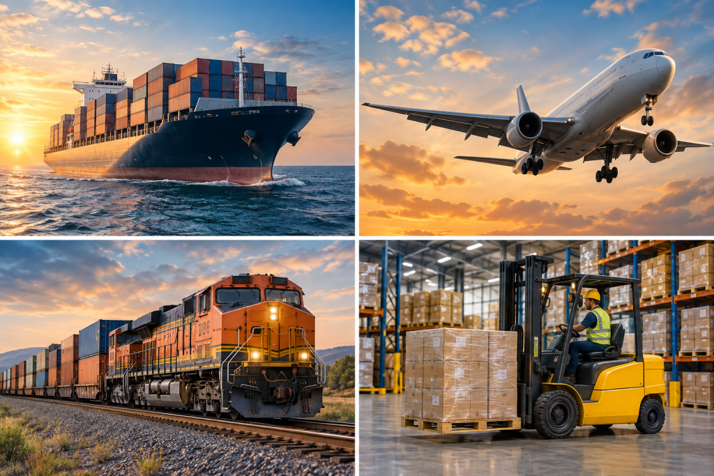 Sea, air, rail and warehouse logistics service imagery